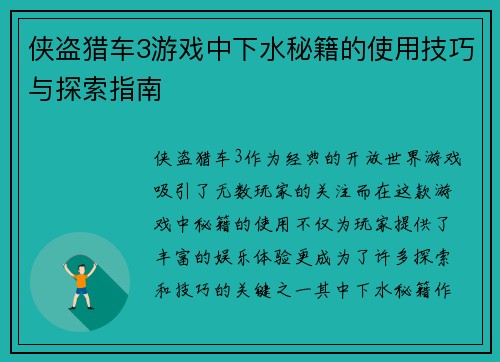侠盗猎车3游戏中下水秘籍的使用技巧与探索指南